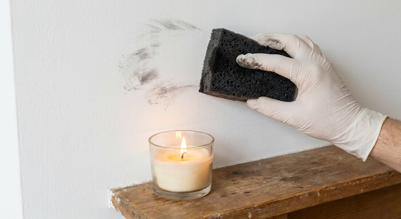 A hand using a black dry cleaning soot sponge to lift gray soot marks from a white painted wall above a candle, close-up realistic photo