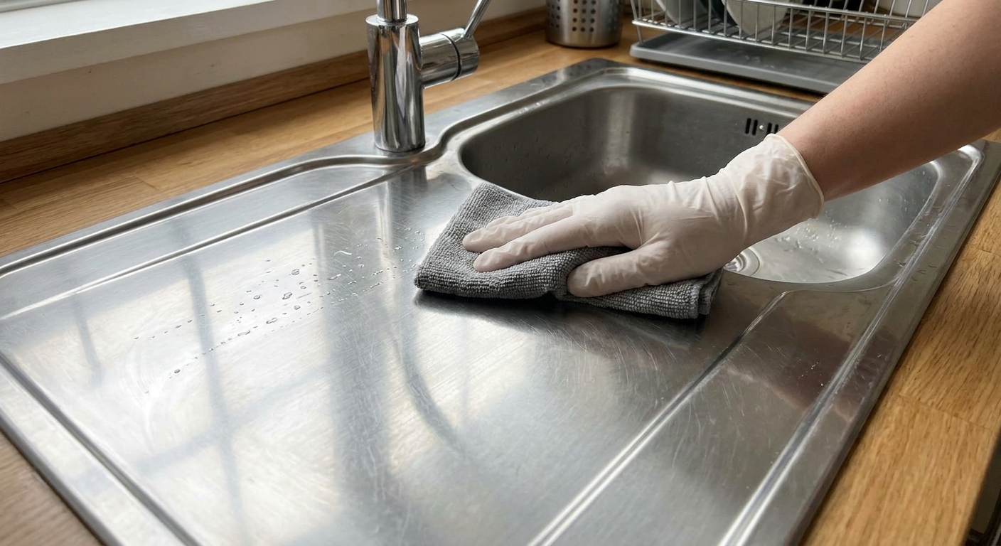 A hand using a microfiber cloth to wipe a stainless steel sink in straight strokes matching the brushed grain, realistic kitchen photo