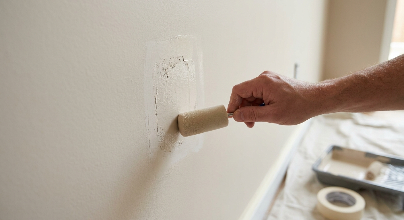 A hand using a small foam roller to feather touch-up paint over a patched spot on a light beige wall, realistic indoor photo