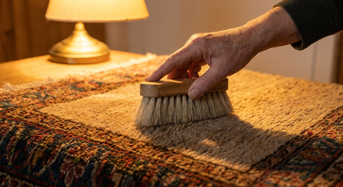 A hand using a soft brush to align rug fibers so the cleaned area matches the surrounding pile under warm indoor light