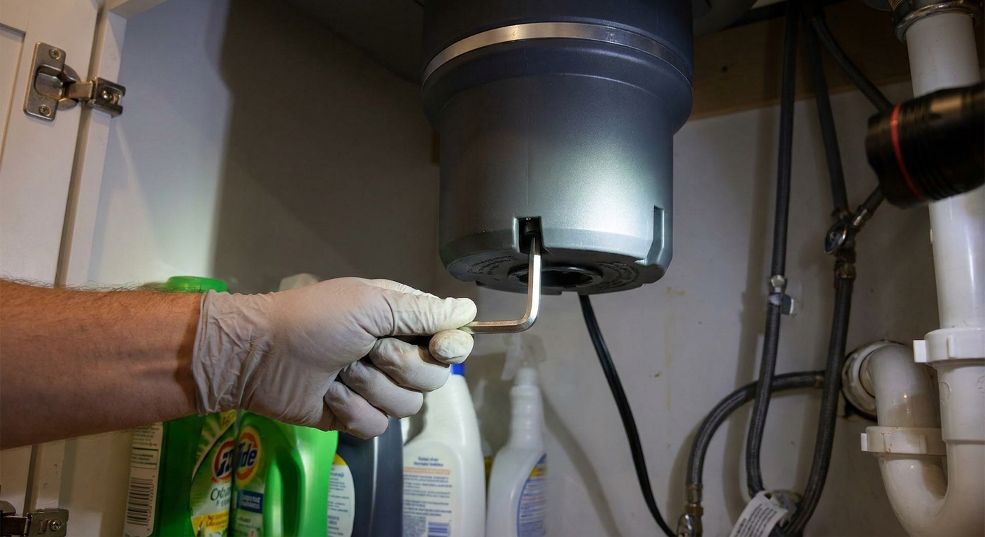 A hand using an Allen wrench in the underside slot of a garbage disposal to manually rotate the motor shaft and free a jam
