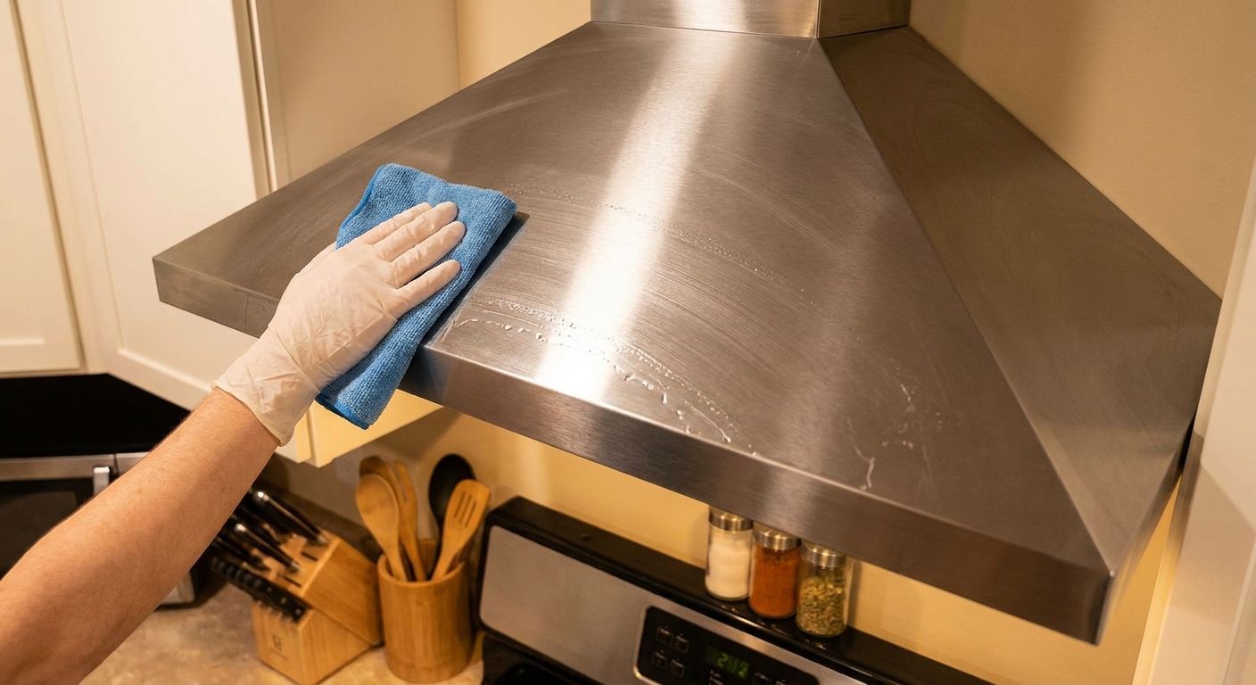 A hand wiping a stainless steel range hood with a clean microfiber cloth following the metal grain, warm kitchen lighting, realistic photo