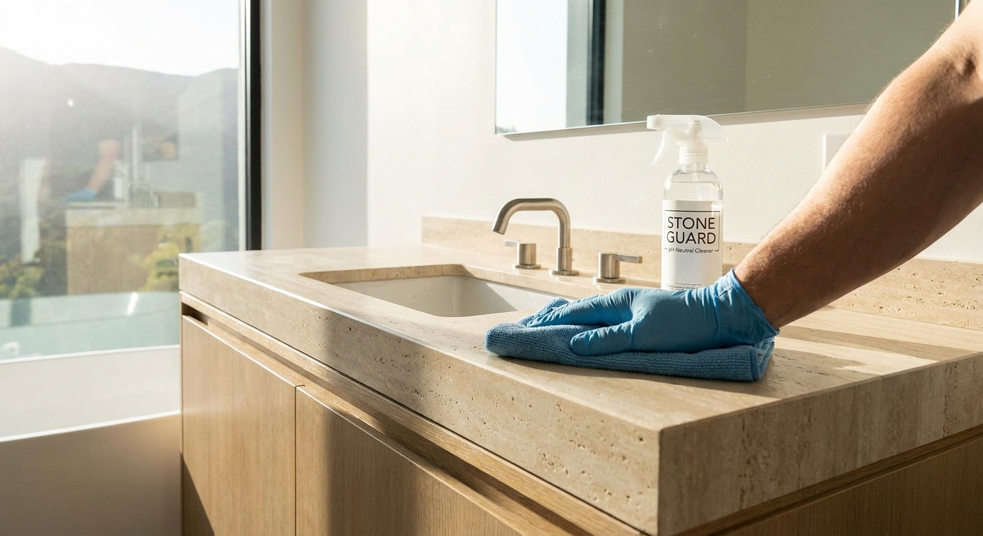 A hand wiping a travertine bathroom vanity with a microfiber cloth next to a pH-neutral stone cleaner bottle, bright natural light, realistic photo