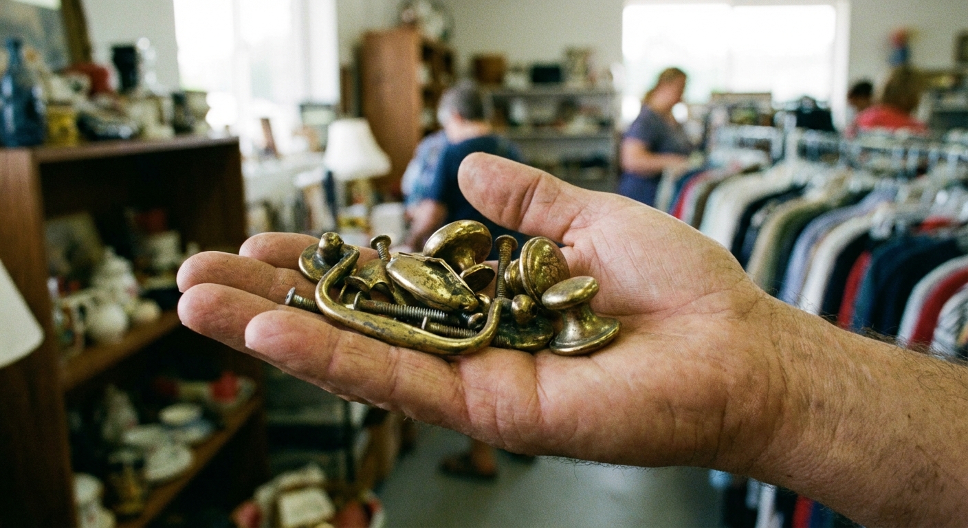 A handful of vintage brass drawer pulls and screws resting in a shopper's palm inside a thrift store, shallow depth of field