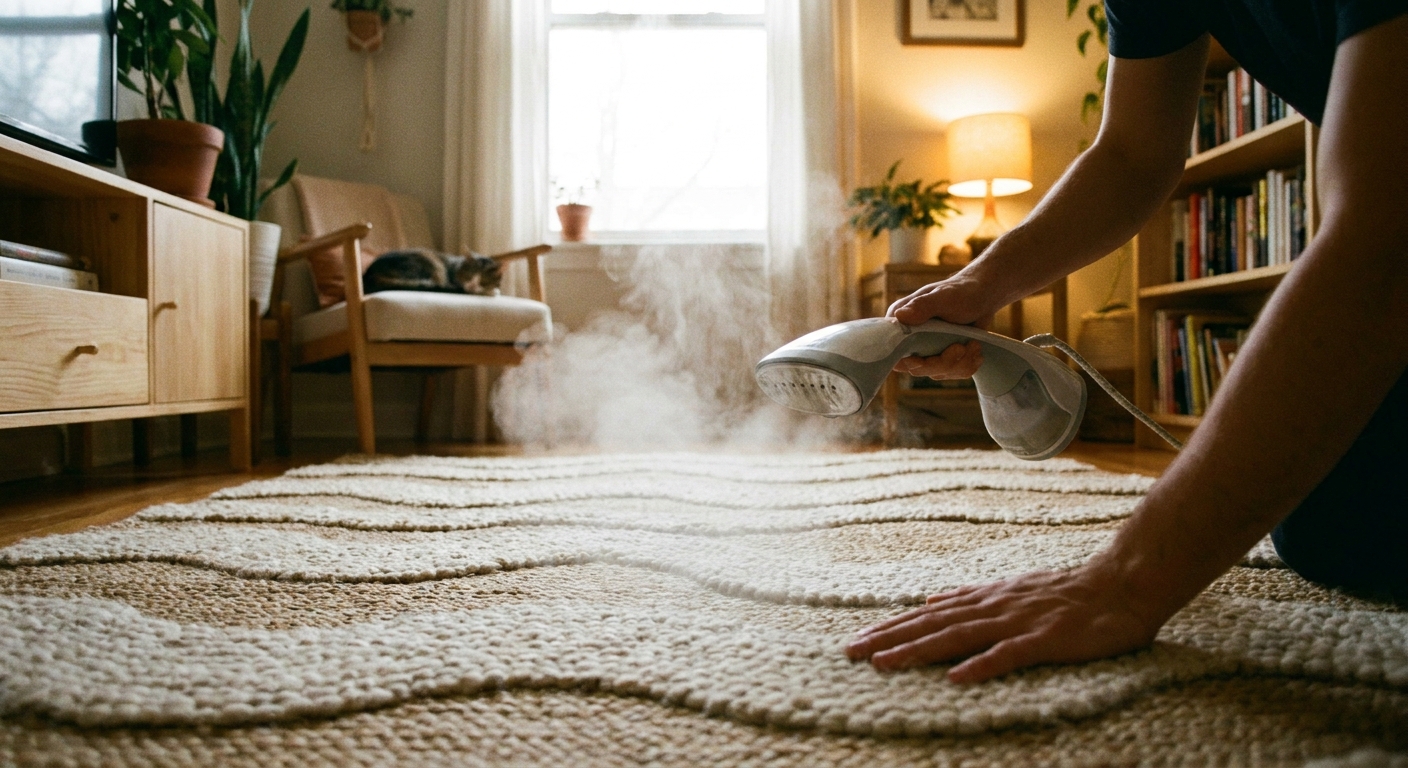 A handheld garment steamer held a few inches above a wavy area rug while a person smooths the fibers by hand in a softly lit room