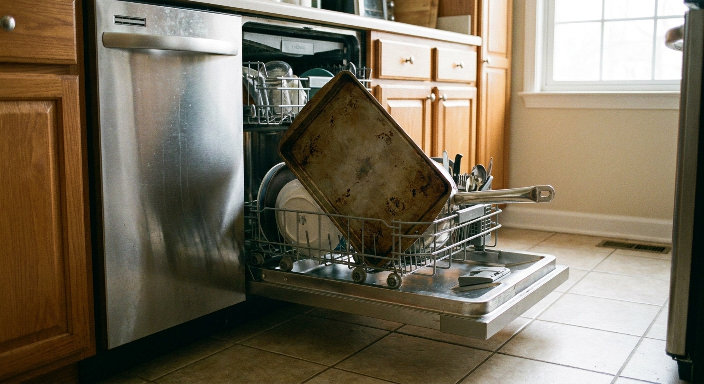 A home dishwasher with the bottom rack pulled out showing a large baking sheet and pot handle protruding toward the door opening