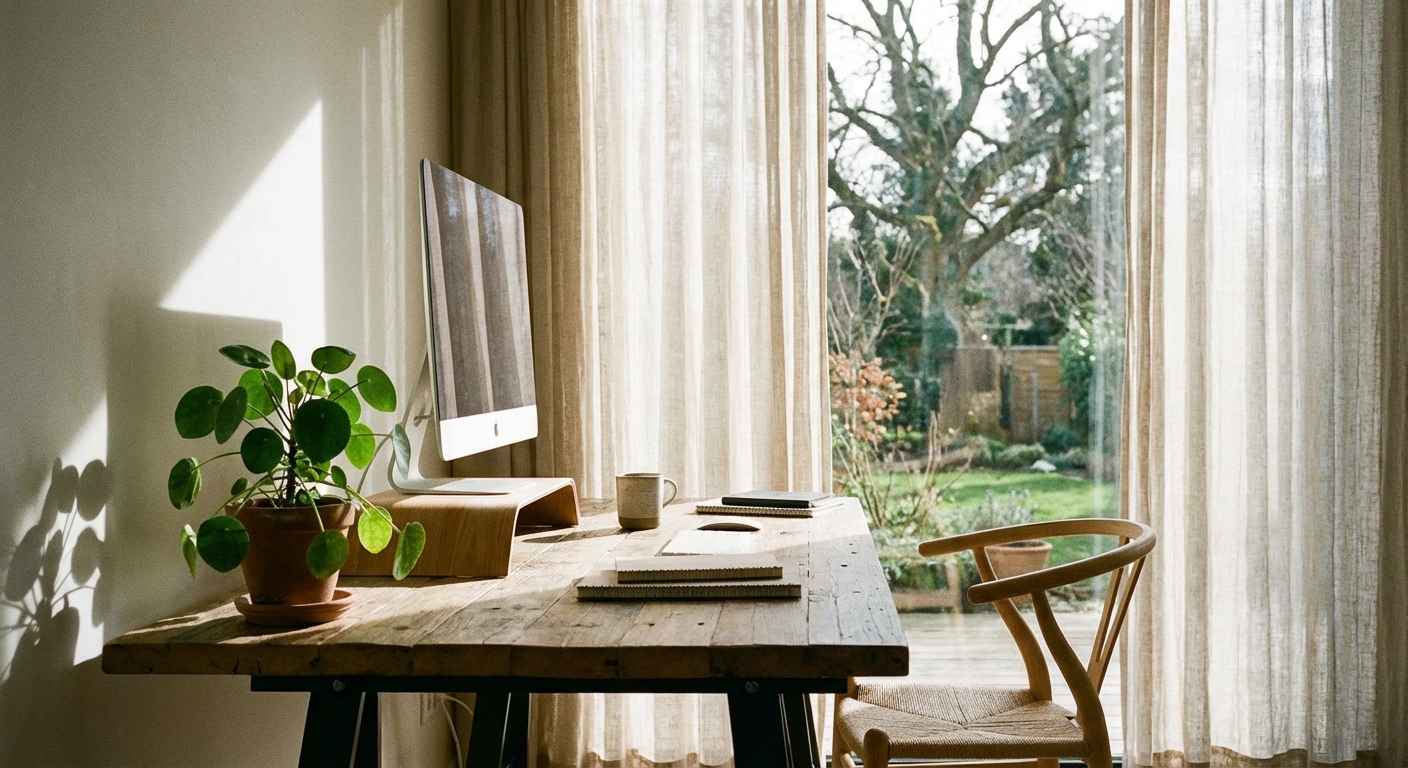 A home office desk facing a bright window with sheer linen curtains, a slim monitor on a stand, a small plant, and a light wood chair