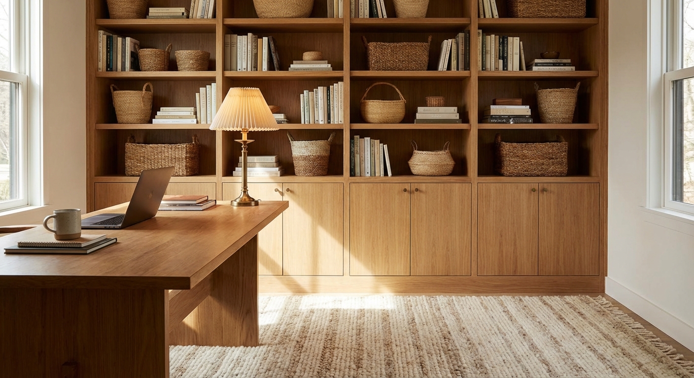 A home office with a desk in front of a built-in bookcase wall, books arranged with woven baskets, a small table lamp on a shelf, and a neutral rug