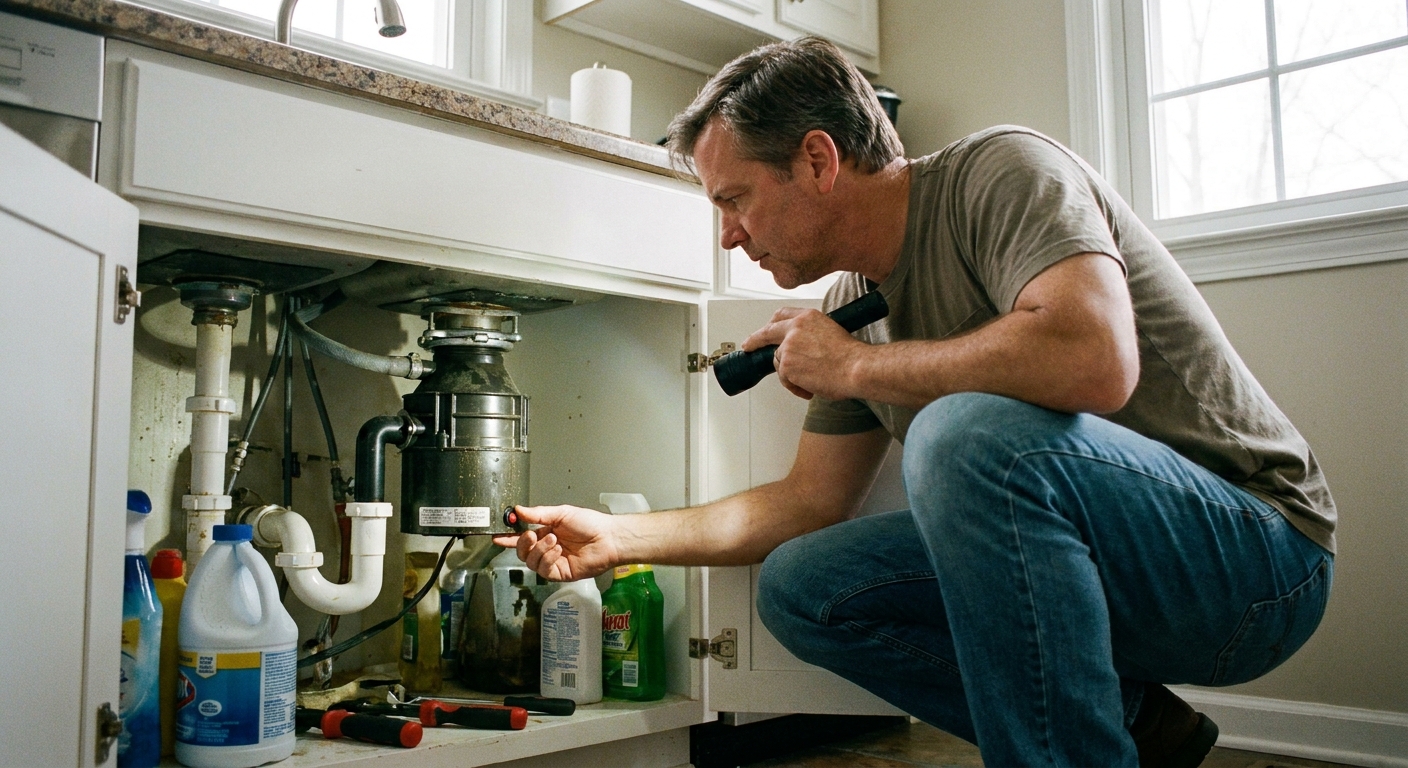 A homeowner crouching under a kitchen sink, reaching to press the small reset button on the bottom of a garbage disposal unit, natural indoor light