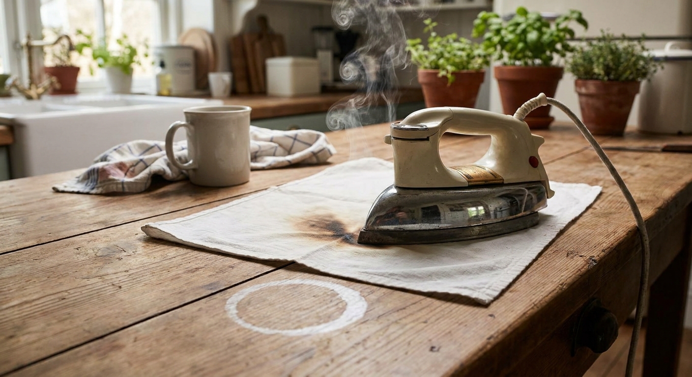 A household iron resting briefly on a thin cotton cloth placed over a white water ring on a wooden table in a cozy kitchen