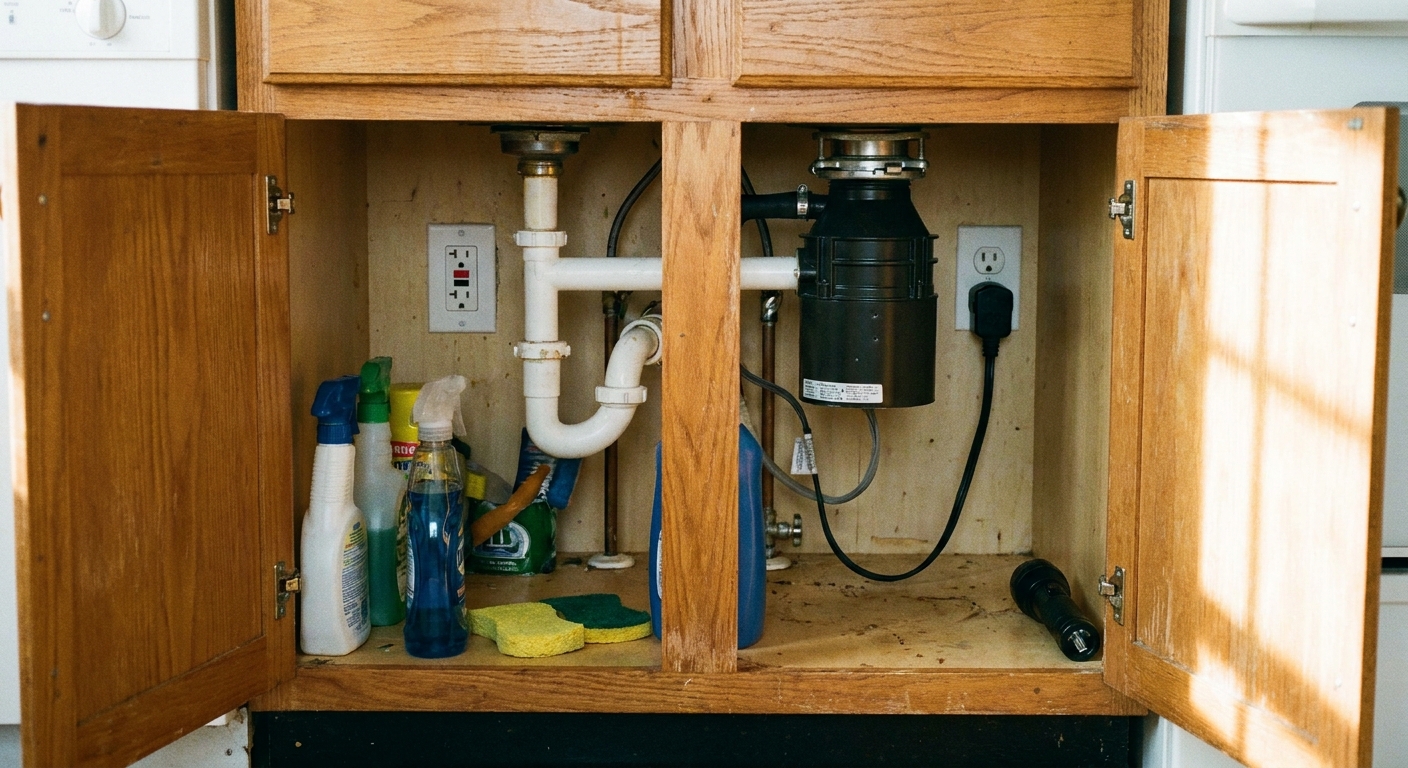 A kitchen sink cabinet interior showing a GFCI outlet with reset and test buttons next to a garbage disposal plug, photo