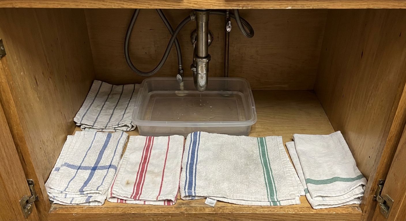 A kitchen sink cabinet with cleaning supplies removed, towels laid down, and a shallow plastic tray positioned under plumbing to catch drips