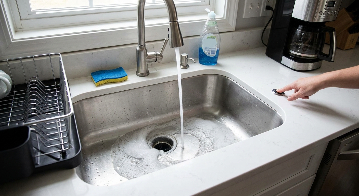 A kitchen sink with cold water running while a garbage disposal is being used, showing a clean, everyday countertop scene