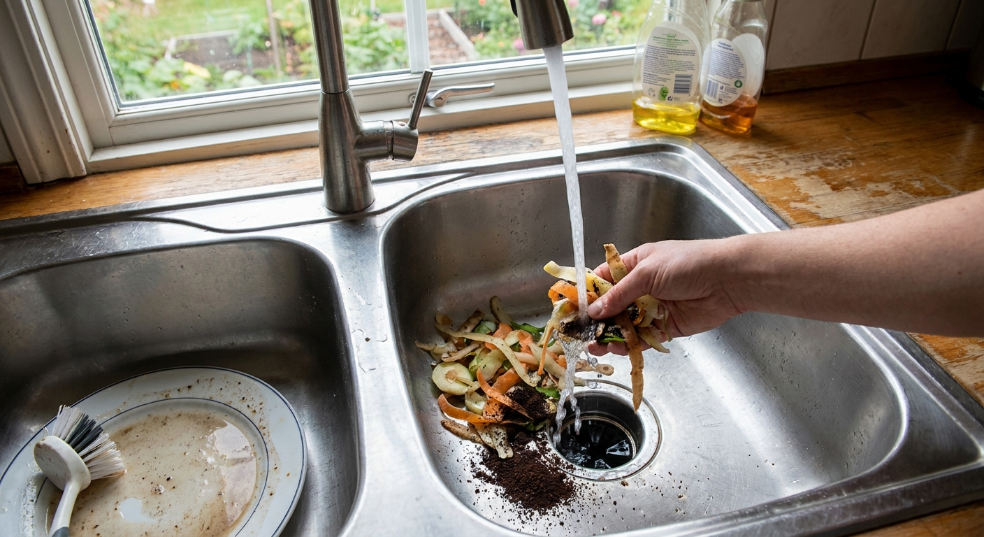 A kitchen sink with cold water running while food scraps are being rinsed toward a garbage disposal opening, realistic home kitchen photo