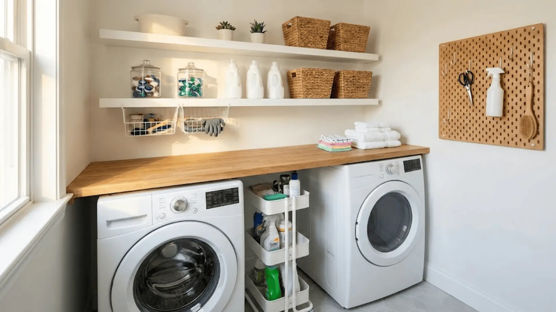 A laundry room with a washable patterned runner and a small framed art piece