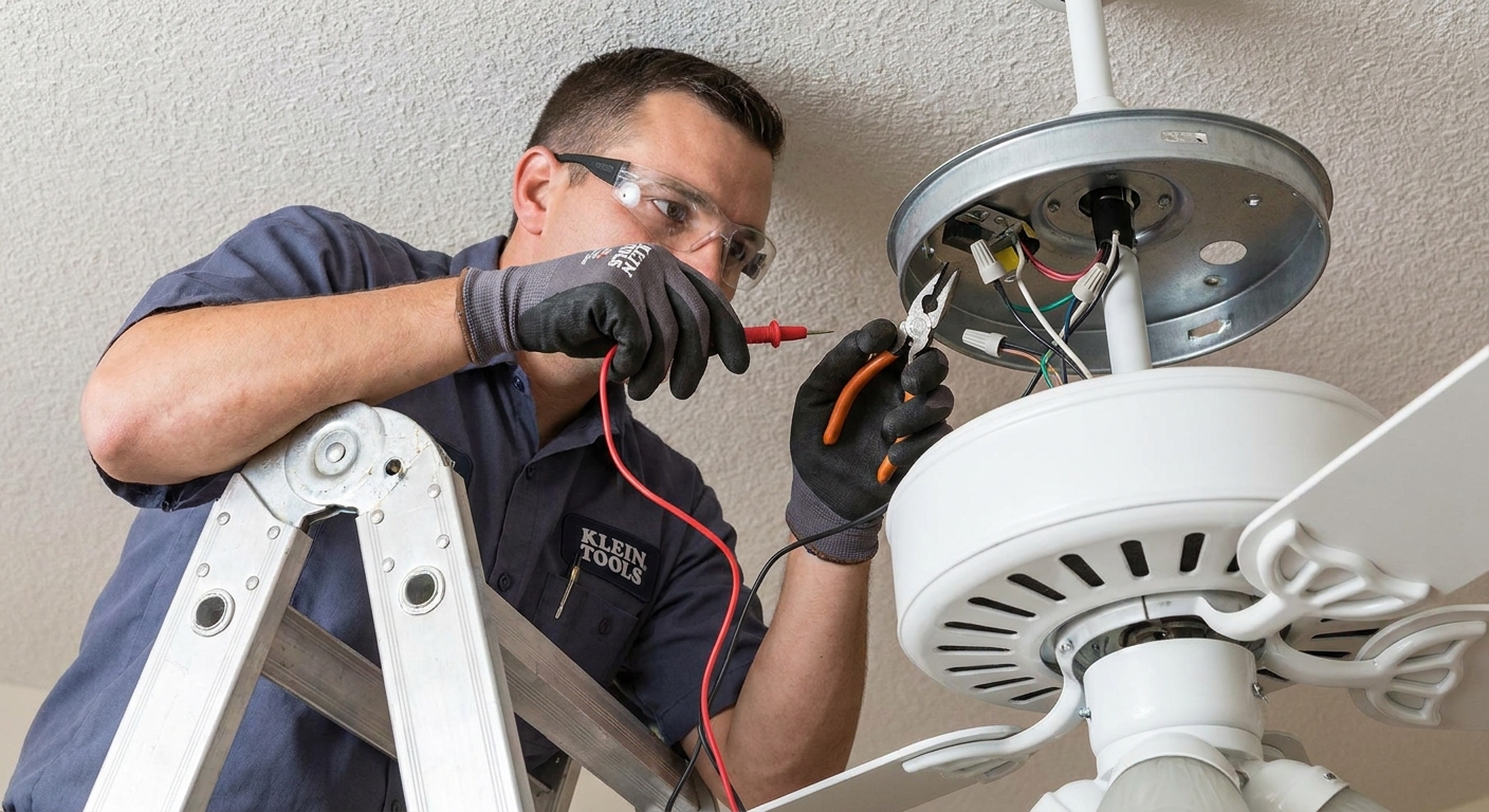 A licensed electrician on a ladder inspecting wiring inside a ceiling fan canopy, close-up photo