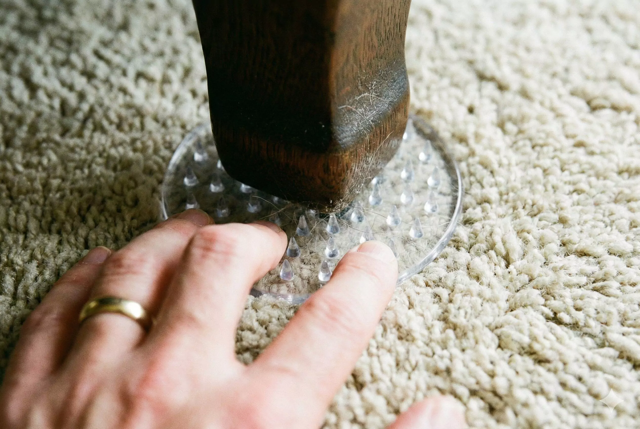 A living room area rug with visible round dents where a sofa’s front legs were sitting in natural daylight
