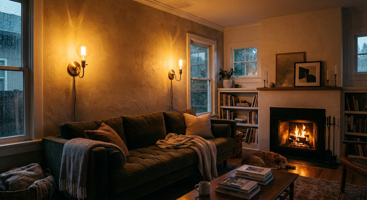 A living room at night with two plug-in wall sconces casting warm light on an accent wall above a sofa, cozy realistic interior photograph