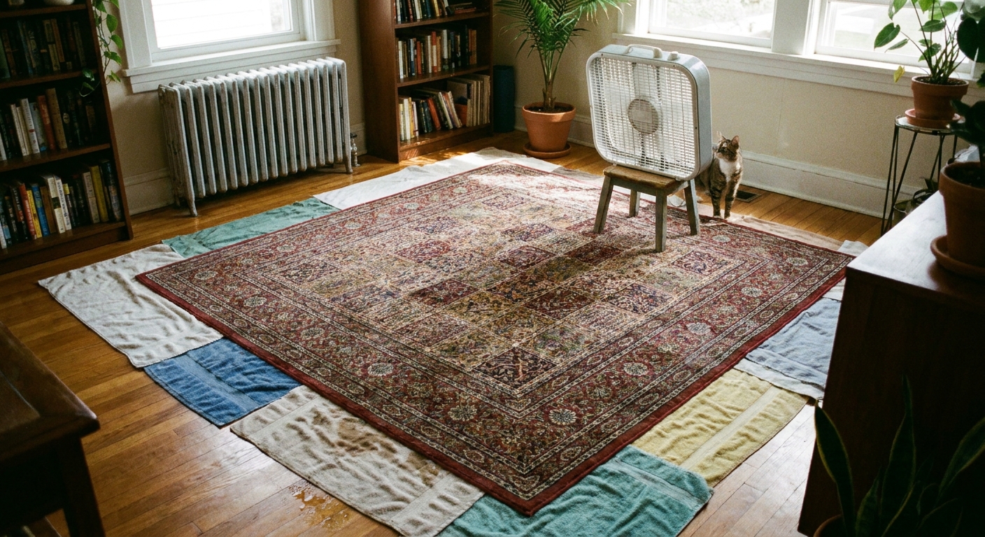 A living room corner set up for drying, with an area rug laid flat on towels and a box fan angled to blow across the rug surface