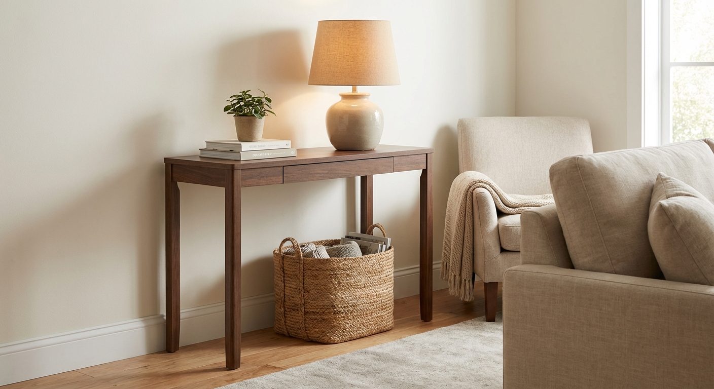 A living room corner with a slim desk styled like a console, a table lamp, a woven basket under the desk for storage, and a sofa nearby