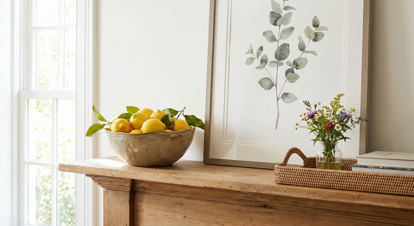 A living room fireplace mantel styled for summer with a handmade ceramic bowl filled with lemons, a rattan tray, and a large neutral framed print in bright natural light