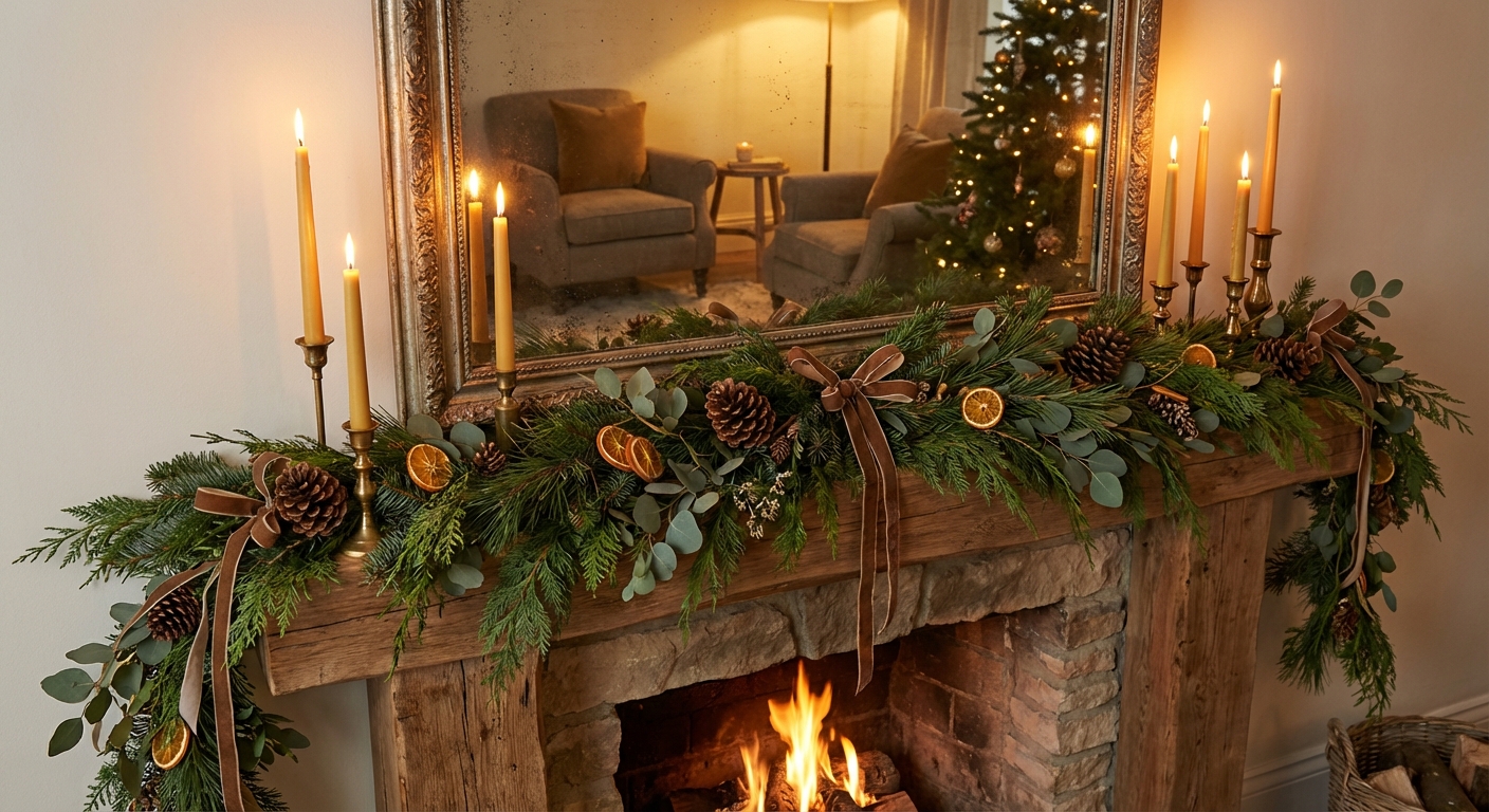 A living room fireplace mantel styled for winter with a lush pine garland, brass candleholders with taper candles, and a vintage mirror reflecting warm evening light