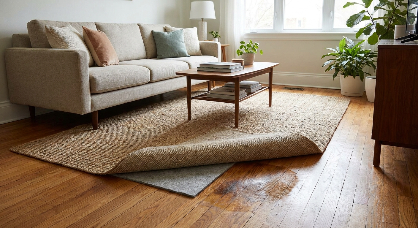 A living room scene with an area rug corner lifted to reveal a rug pad underneath on a hardwood floor, showing slight darkening from trapped moisture