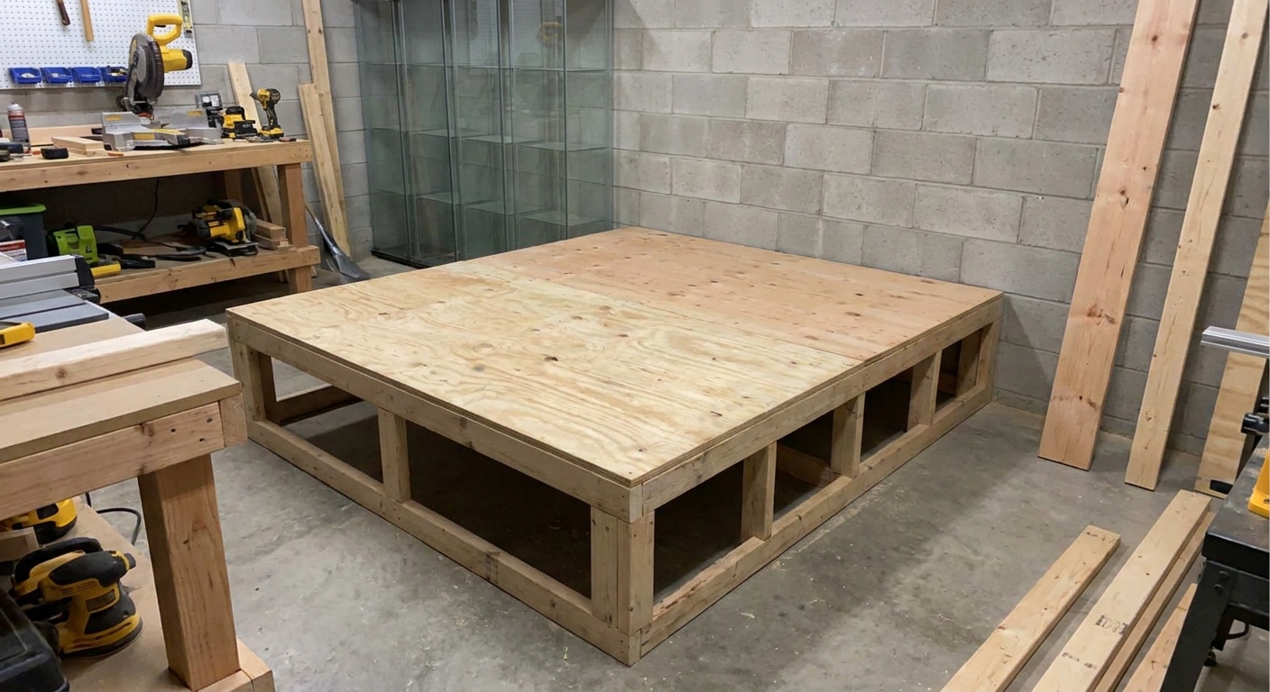 A low rectangular wood platform frame made from 2x4s with plywood on top, sitting against a wall ready for glass display cabinets, workshop photo style