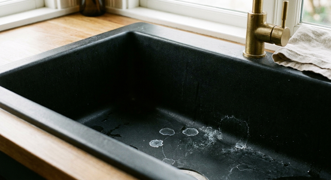 A matte black coated kitchen sink with a few visible water spots near the basin edge, photographed up close in natural light