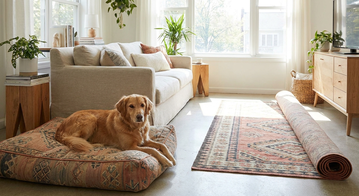 A medium-sized family dog lying on a pet bed beside a sofa while a new area rug sits nearby in a bright, airy living room
