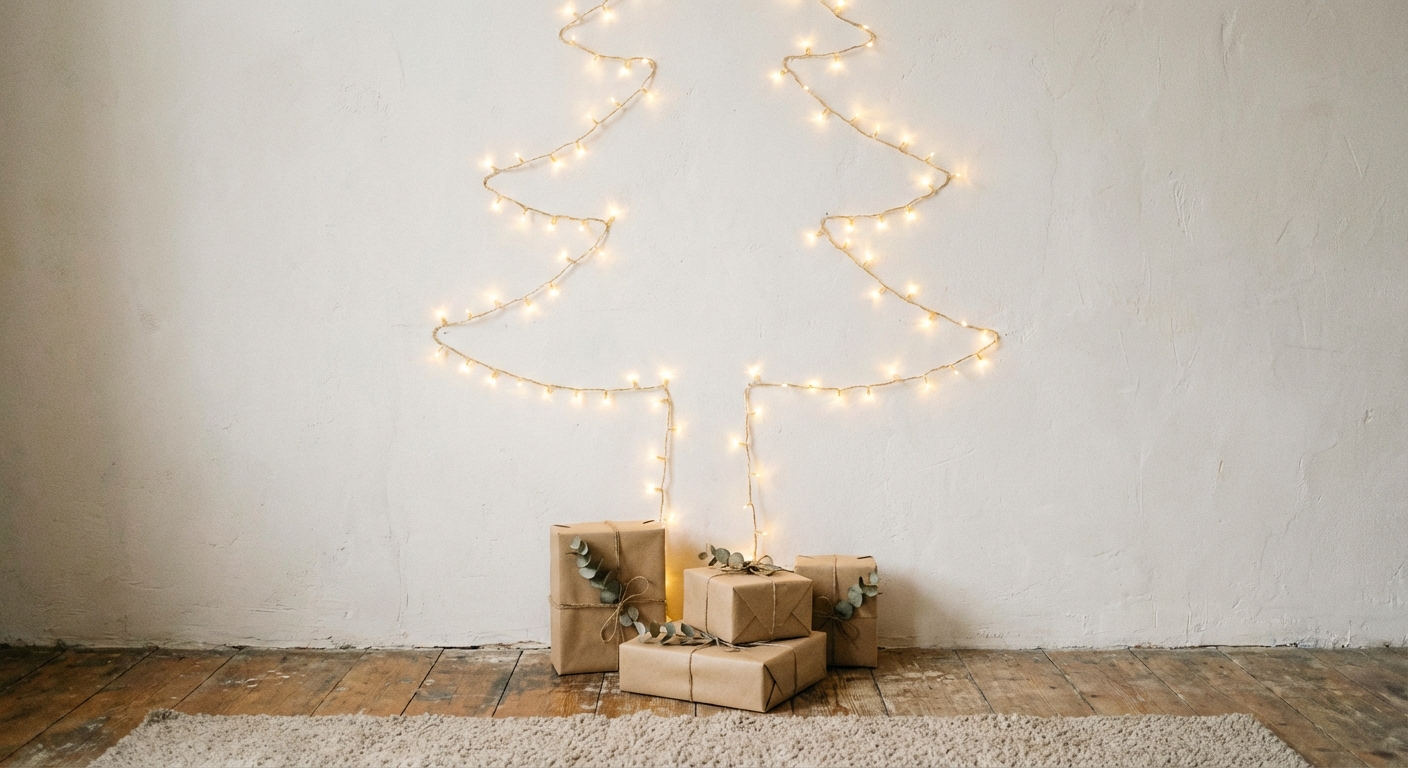 A minimalist studio apartment wall with warm white fairy lights arranged in a tree outline above a small stack of wrapped gifts
