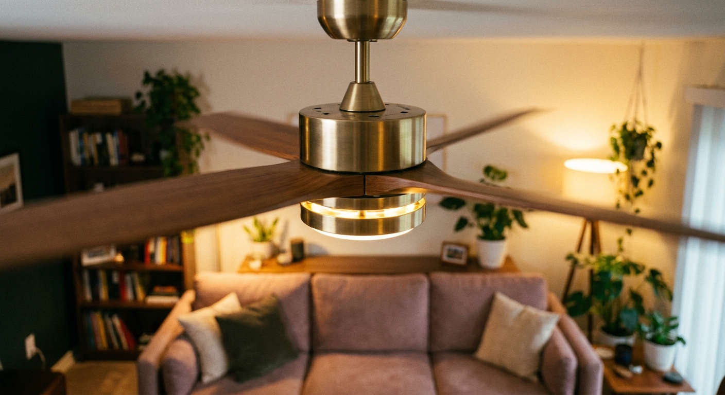 A modern ceiling fan slightly blurred in motion in a cozy living room, photographed from below to show the blades and light kit