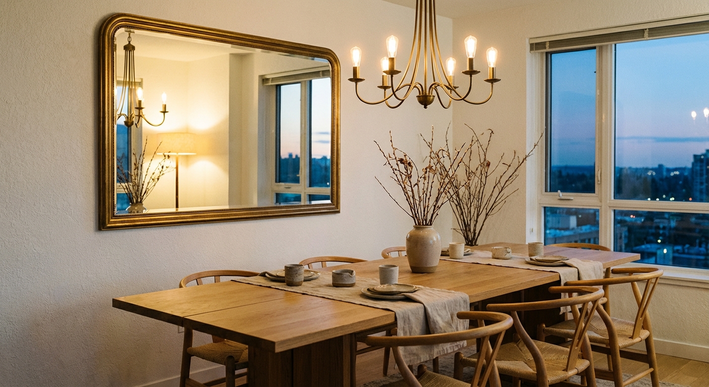 A modern dining room with a simple wood table, a vintage brass chandelier, and a brass-framed mirror on a white wall, photographed in soft evening light