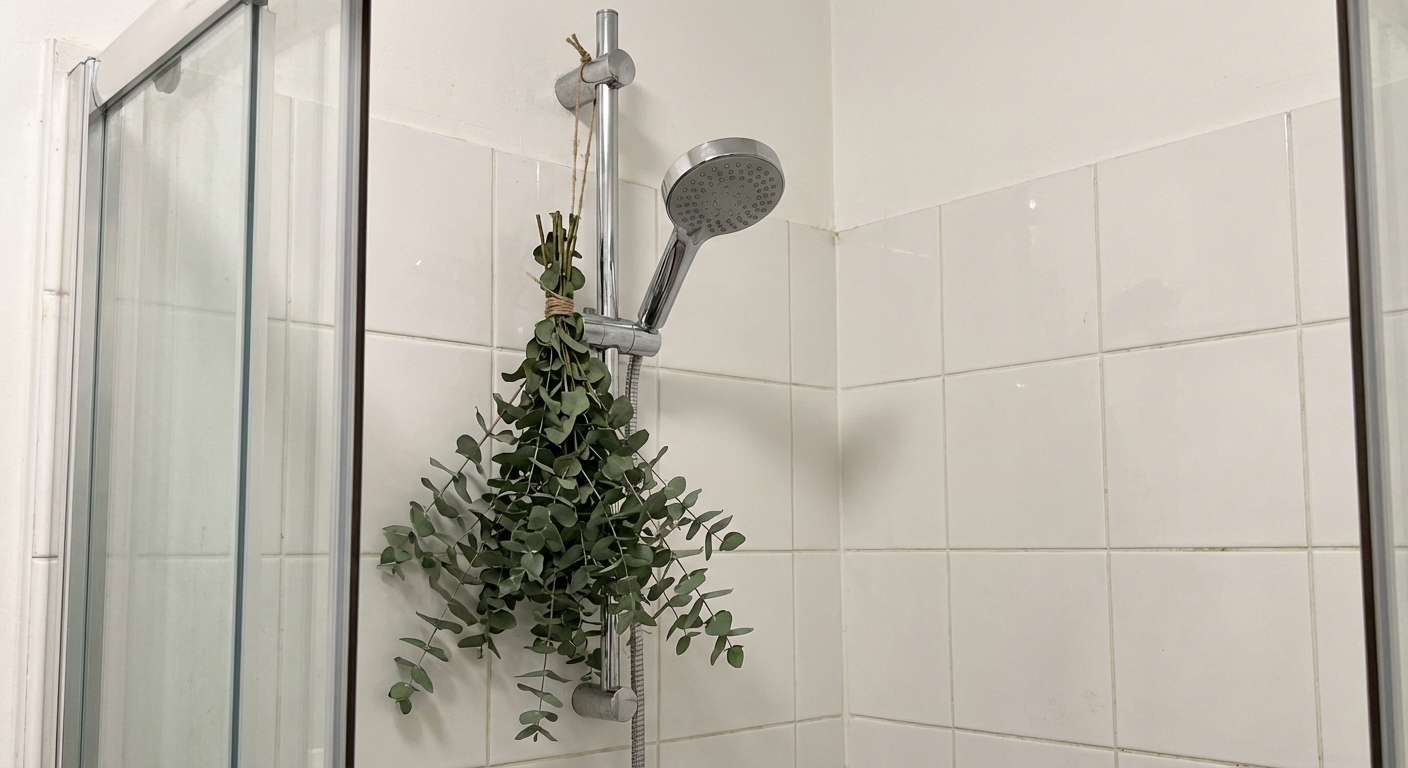 A modern high-pressure showerhead installed in a small rental shower with white tile and a eucalyptus bundle hanging from the pipe, real photography style
