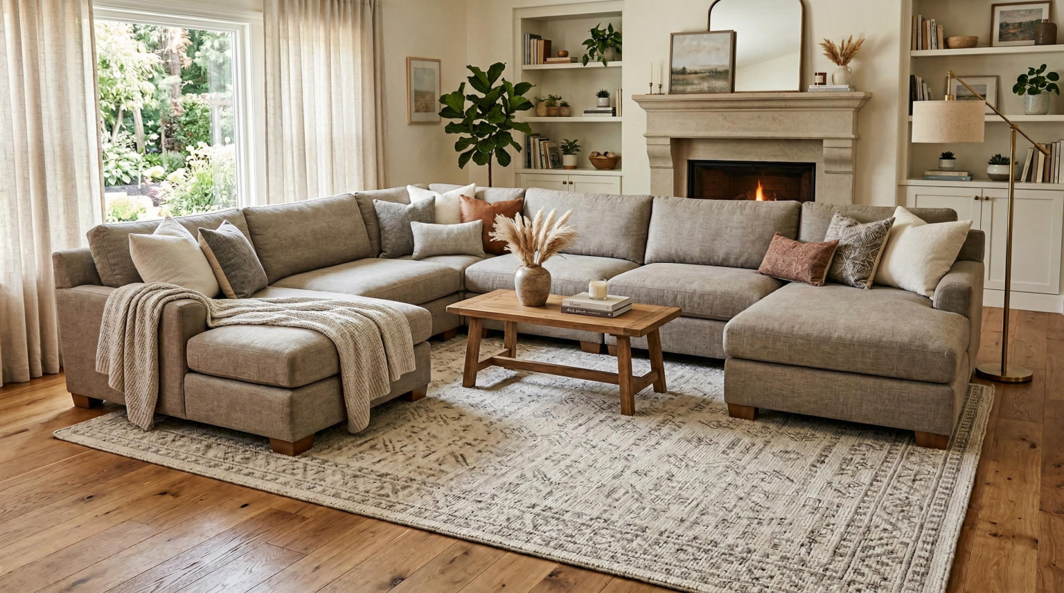 A modern living room with a large L-shaped sectional and side tables, all furniture legs resting on a large neutral area rug with subtle texture, real photo