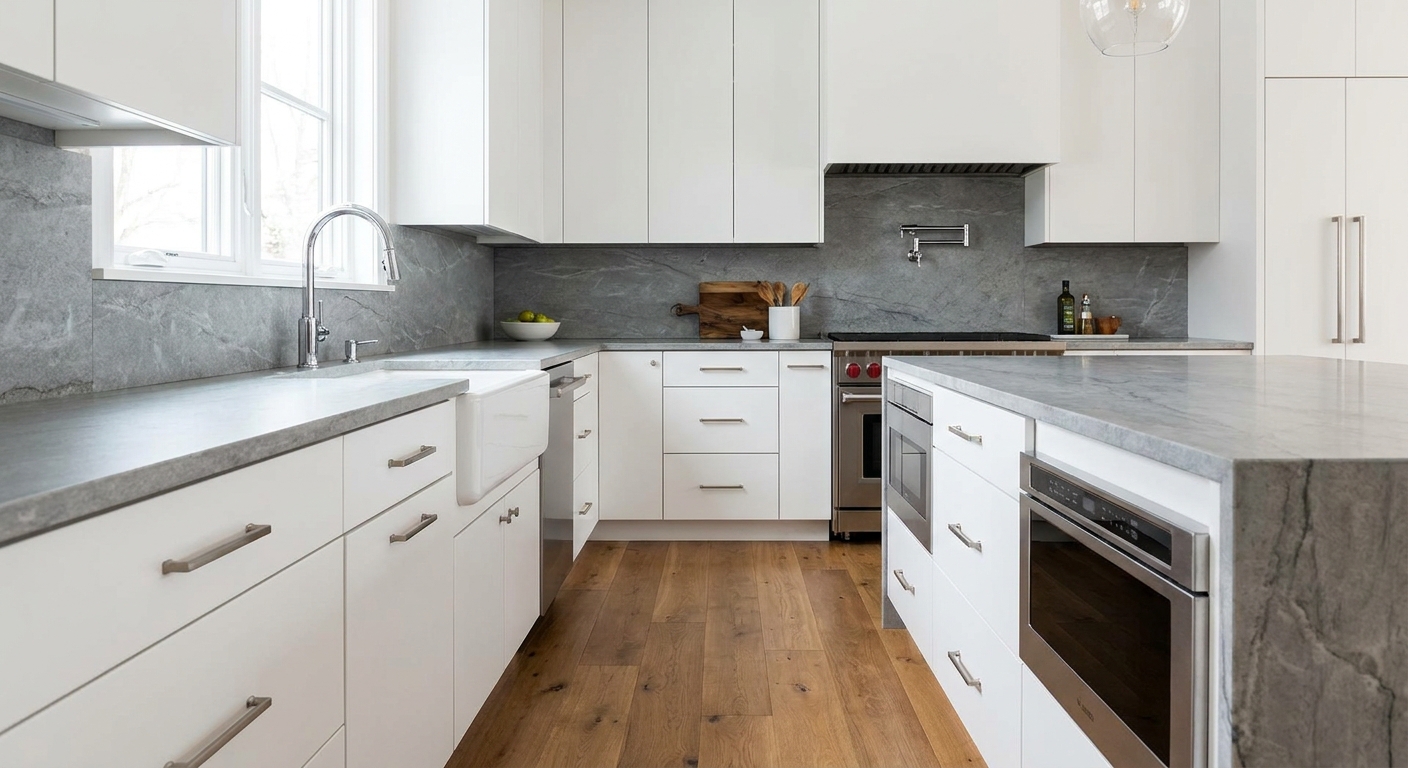 A modern white kitchen with a polished chrome gooseneck faucet and brushed nickel cabinet pulls, featuring a honed stone backsplash and warm wood flooring