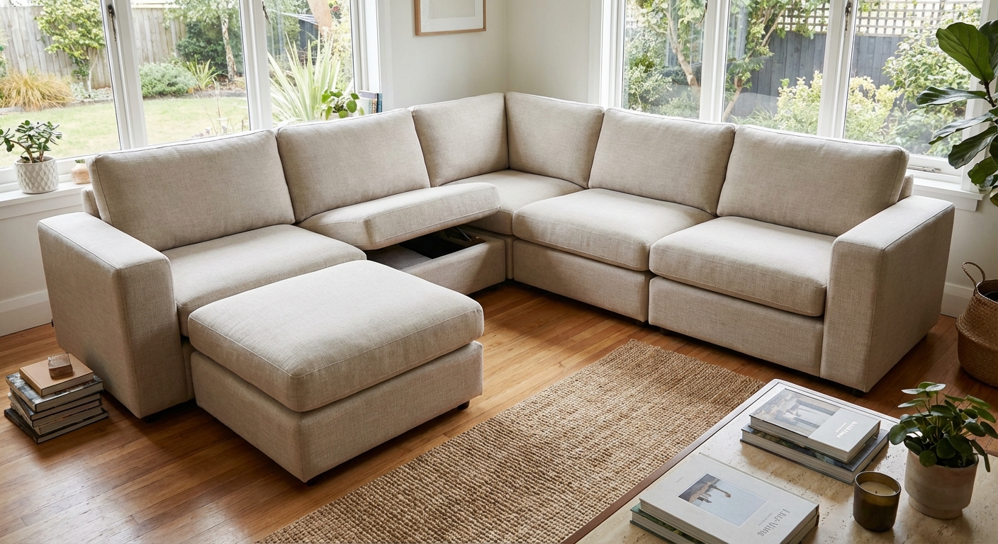 A modular sectional pulled slightly apart in a bright living room, showing the gaps between pieces and a clear view of the floor beneath, realistic home photography