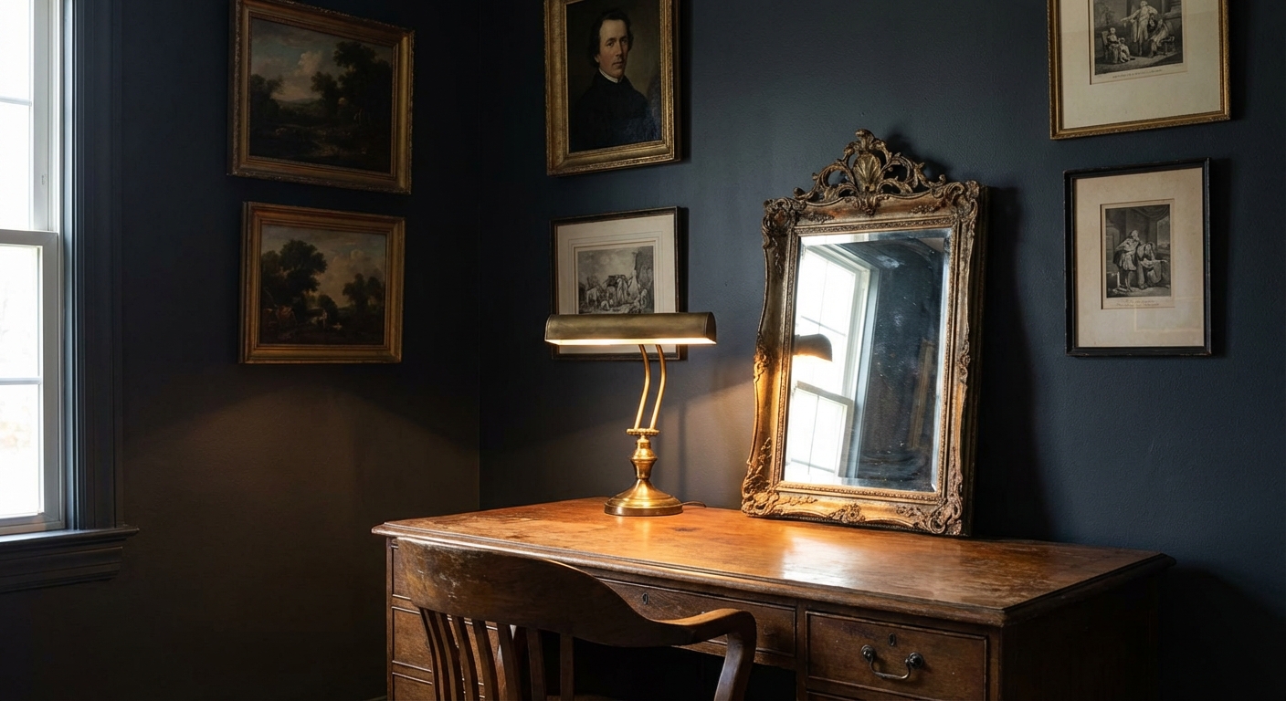 A moody home office with deep painted walls, a wood desk, a warm glowing brass lamp, framed art, and an antique mirror reflecting soft light