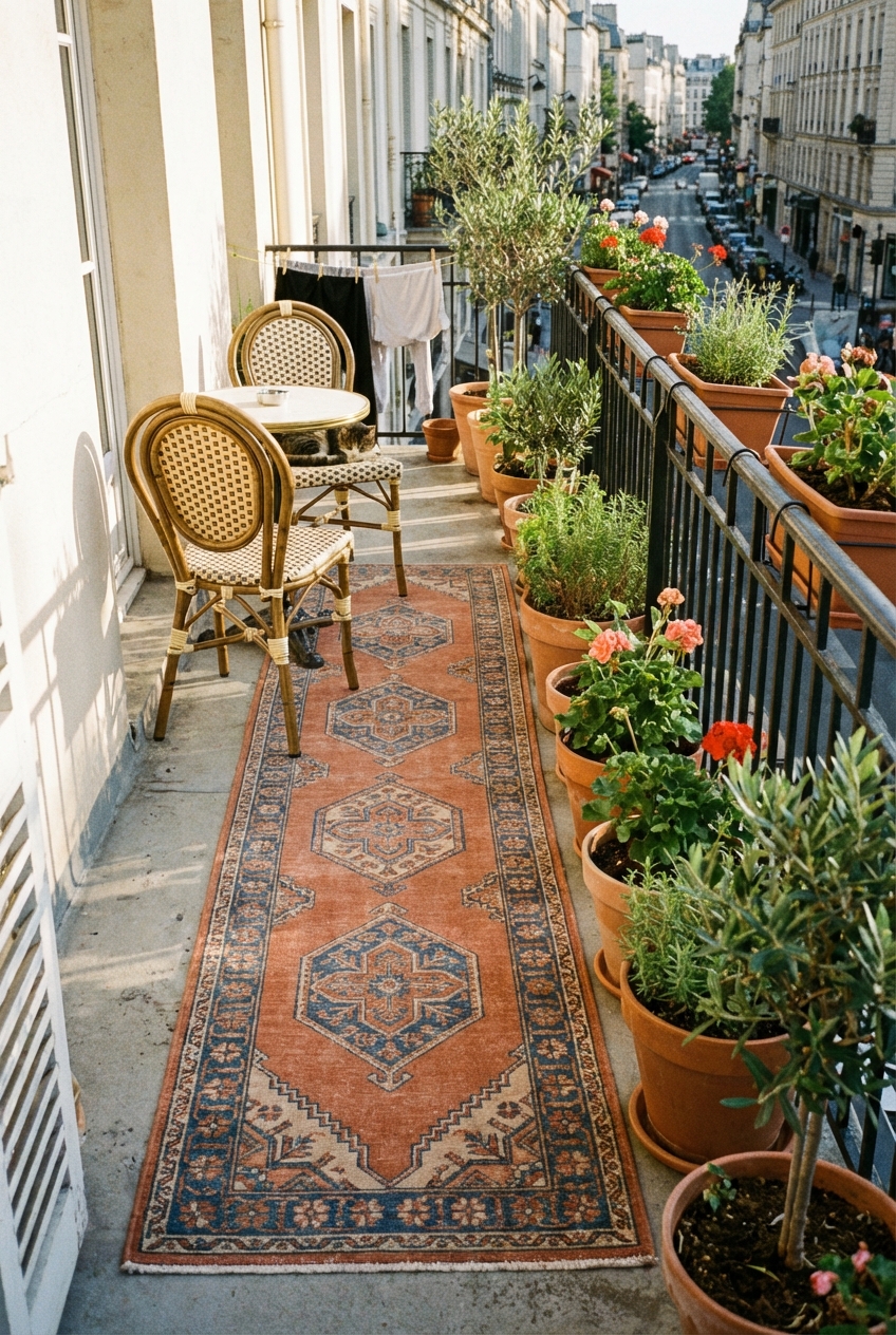A narrow apartment balcony with a long outdoor runner rug, two bistro chairs, and potted plants along the railing in bright afternoon light