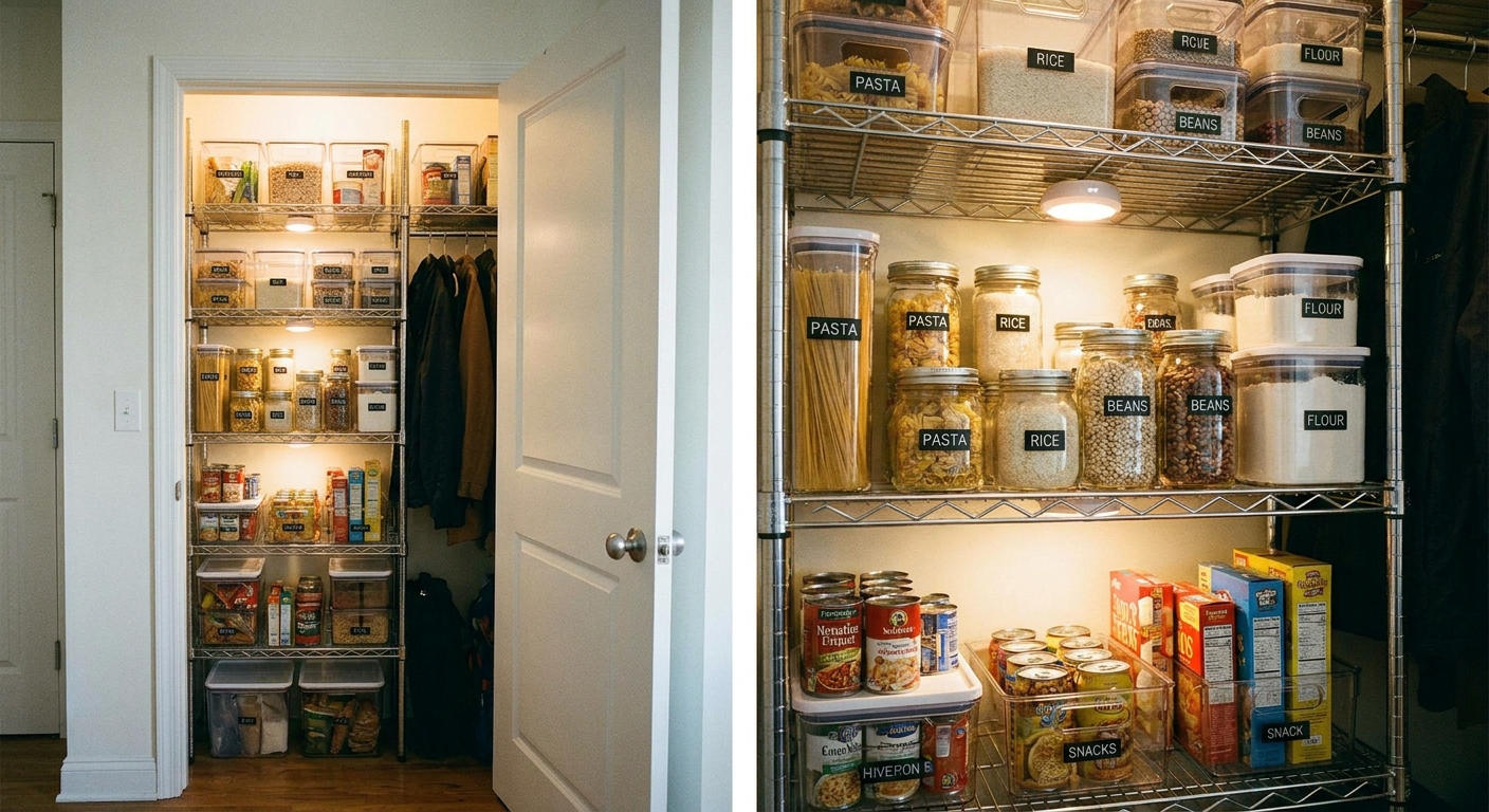 A narrow apartment coat closet converted into a pantry with adjustable freestanding shelving, clear bins, labeled jars, and battery puck lights illuminating dry goods
