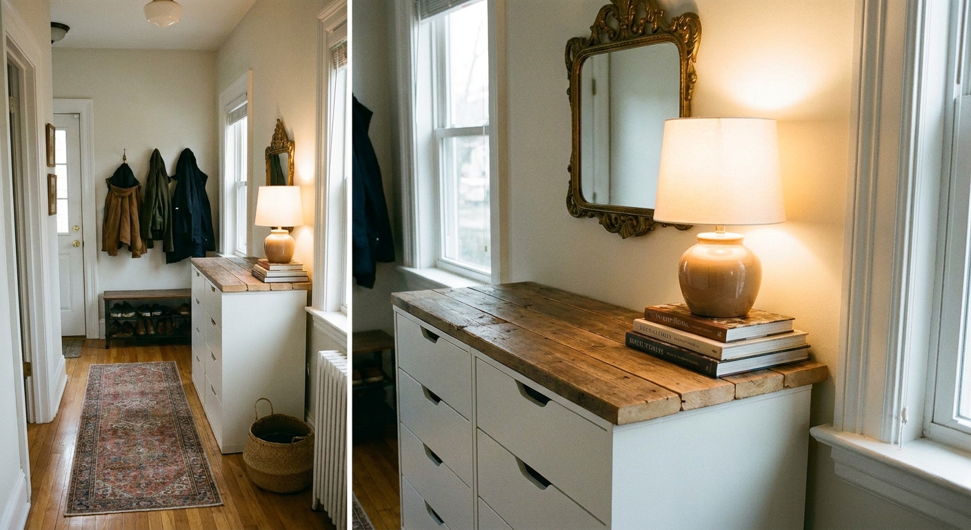 A narrow entryway with an IKEA Alex drawer unit used as a console, topped with a slim wood surface, a warm table lamp, and a vintage brass mirror above