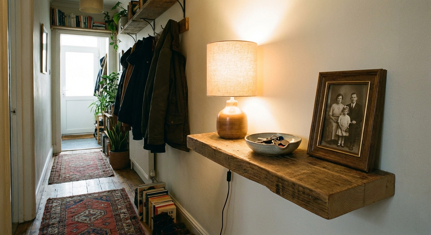 A narrow hallway entry with a simple floating shelf holding a small lamp, a ceramic key bowl, and one framed photo, photographed in a cozy, lived-in home