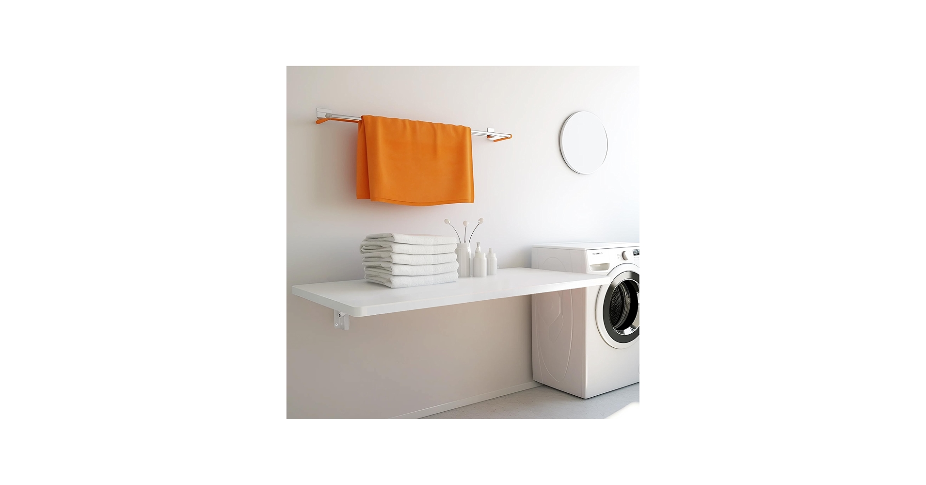 A narrow laundry room with a wall-mounted drop-leaf table folded down above a laundry basket