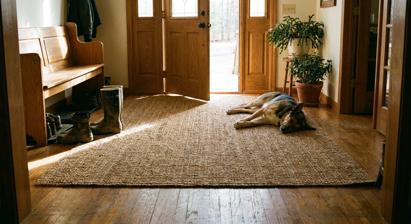 A natural jute area rug laid flat in an entryway near an open front door with daylight streaming in, real home photography