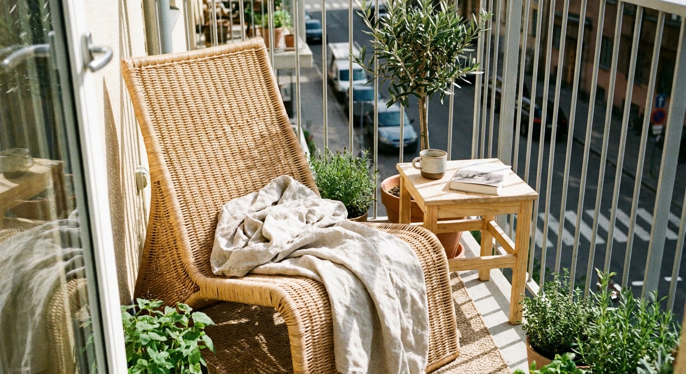 A natural wicker lounge chair on a small sunny apartment balcony with a linen throw and a small side table, realistic lifestyle photography