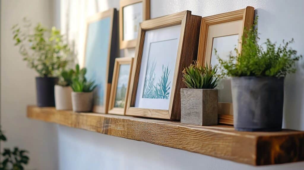 A natural wood picture ledge on a wall with layered frames, a small ceramic vase, and a trailing plant, soft indoor lighting, real photograph