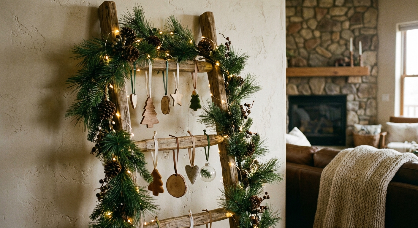 A natural wooden ladder leaned against a wall, decorated with pine garland, hanging ornaments on ribbon, and warm string lights