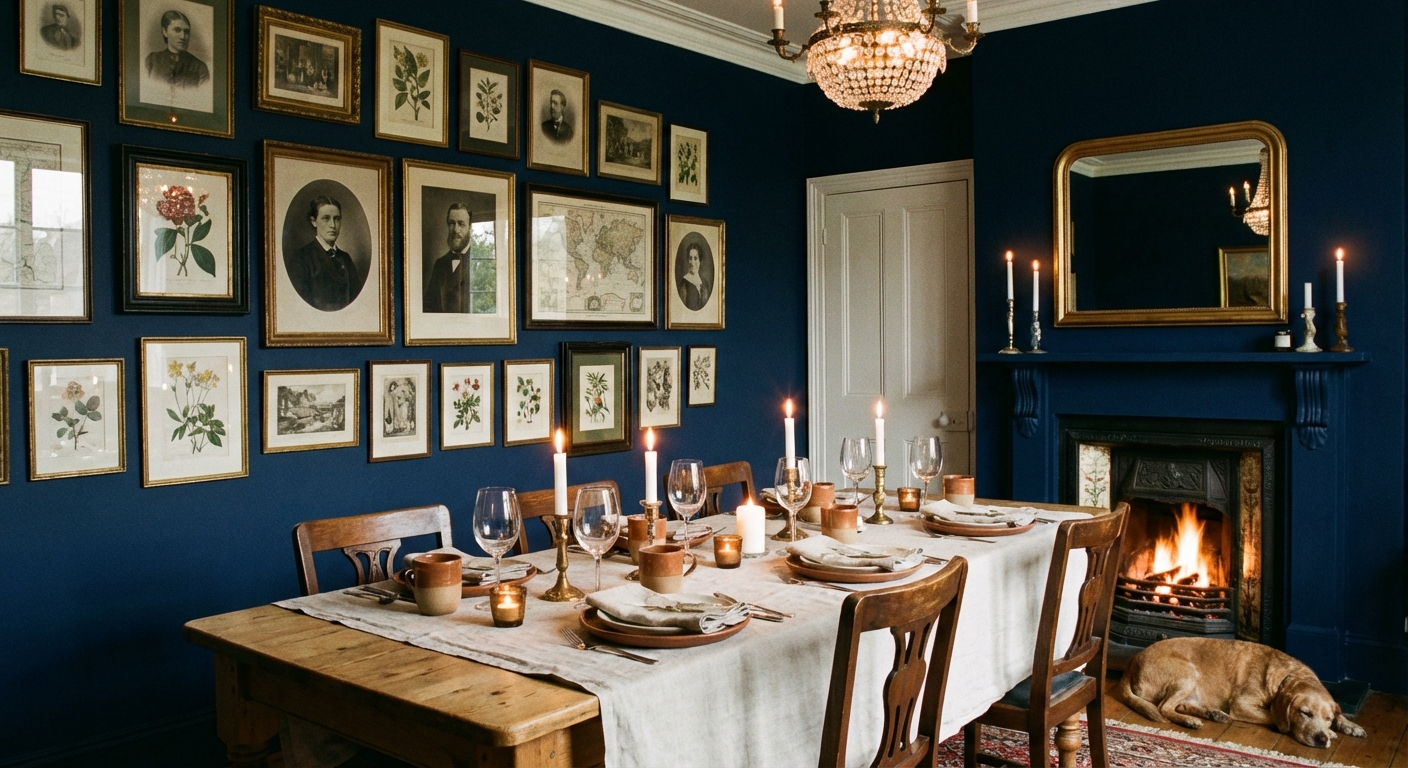 A navy painted dining room with a gallery wall of vintage frames, a set table, and warm candlelight reflecting in glassware, real interior photography style