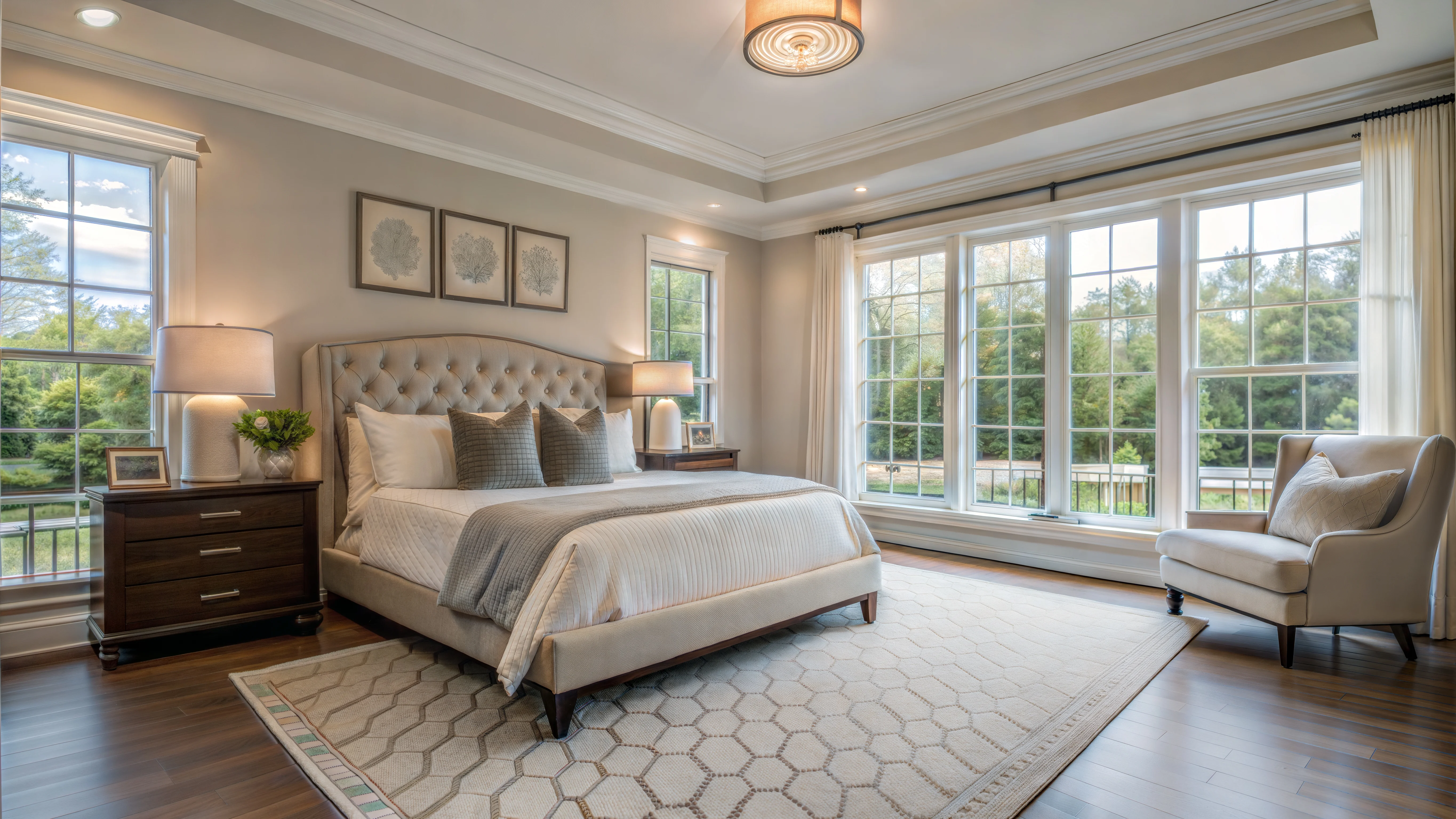 A neatly made bed with a light upholstered headboard sitting on a textured area rug over hardwood flooring, with a small visible gap between headboard and wall