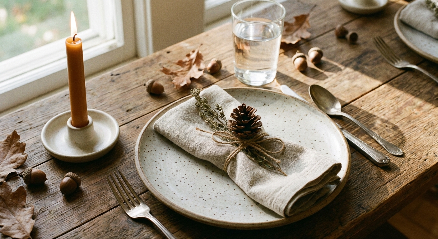 A neutral Thanksgiving place setting with oatmeal linen napkin, amber taper candle, and a small pinecone accent on a ceramic plate, real photograph